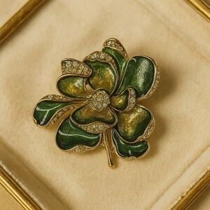 Monet Signed Green Enamel Rhinestone Flower Brooch Vintage Statement Pin OS